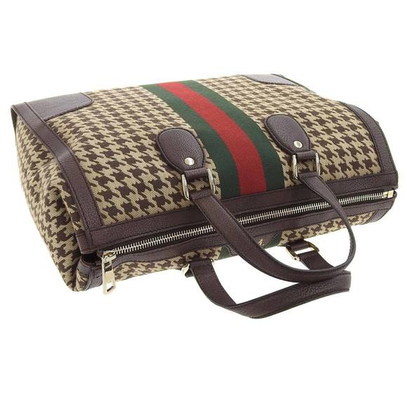 GUCCI Seventies Houndstooth Boston Bag Canvas x Leather Brown 271624 525040 - Picture 5 of 8